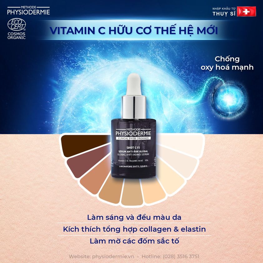 Siêu phẩm tinh chất vitamin C 15% hữu cơ sáng da mờ thâm thế hệ mới 