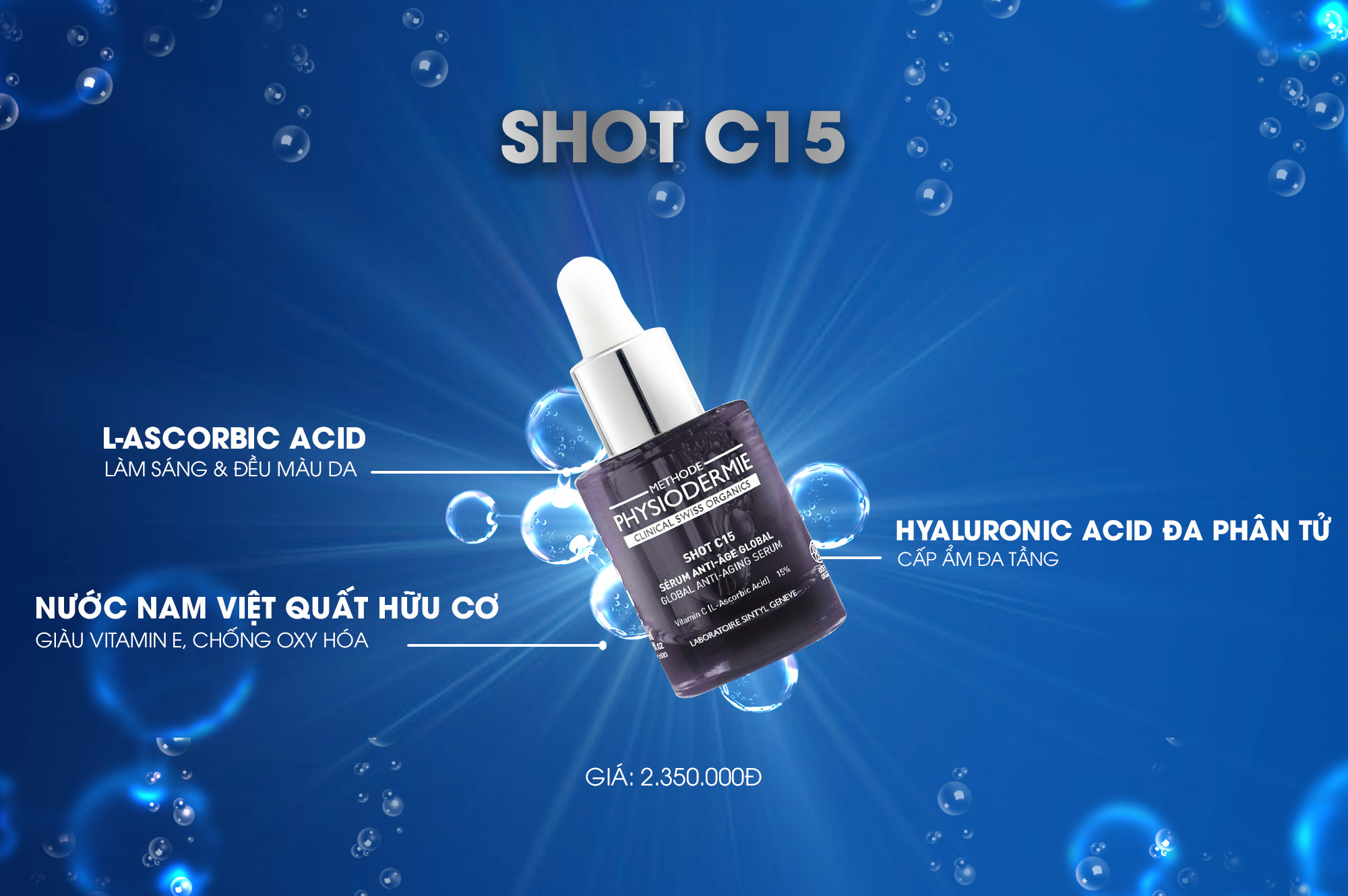 Shot C15 của Physiodermie với công thức mới, Vitamin C ổn định liều cao giảm được tình trạng oxy hóa